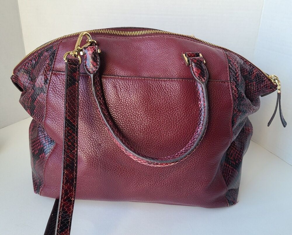 Michael Kors Burgundy Leather Python Embossed Satchel Shoulder Bag Purse Large - Picture 4 of 16